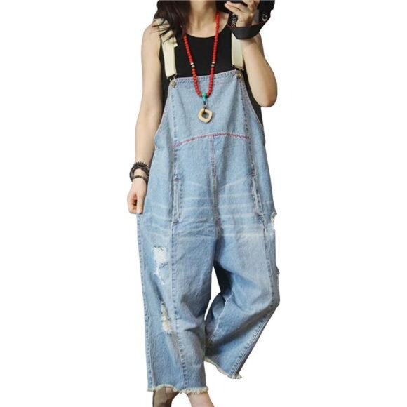 Women Casual Loose Cropped Denim Jumpsuits P49 Light Blue Jumpsuits